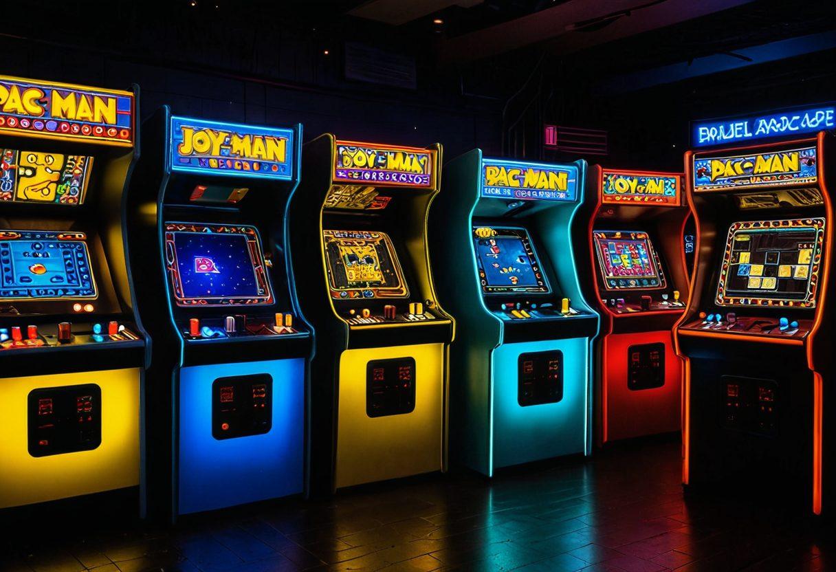 A vibrant and colorful depiction of a classic arcade scene featuring the iconic Pac-Man character playfully munching on pellets. Surrounding Pac-Man are cheerful families enjoying the arcade atmosphere, with vintage arcade machines and neon lights in the background. Add a retro feel with pixelated graphics and bright colors to capture the essence of classic arcade culture. Include elements like ghost characters and a glowing maze. retro gaming style. vibrant colors. high contrast.