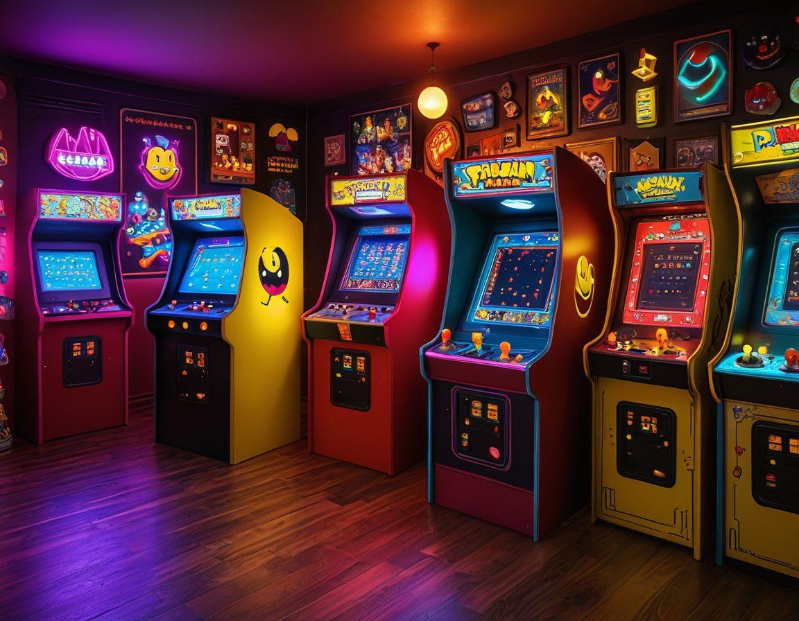 A colorful and nostalgic scene featuring a vintage arcade room filled with retro gaming machines, prominently showcasing a glowing Pac-Man cabinet. Include cheerful characters from the game, such as Pac-Man and ghosts, interacting joyfully with players of diverse backgrounds. Decorate the walls with 80s pop culture memorabilia and neon lights to evoke a sense of warmth and nostalgia. The atmosphere should be lively and inviting, encouraging a sense of fun and togetherness. vibrant colors. 3D. retro style.