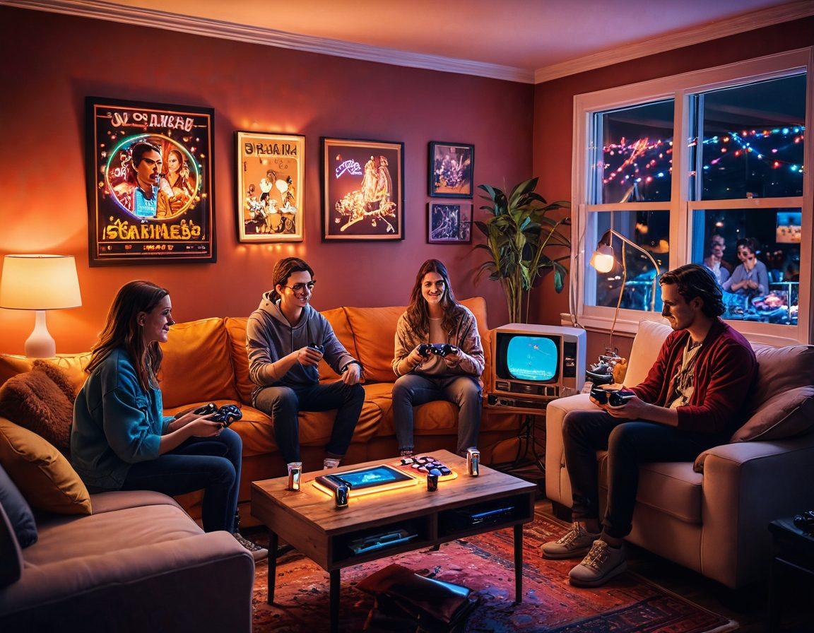 A vibrant scene depicting a group of friends joyfully playing retro video games in a cozy living room, surrounded by vintage gaming consoles, colorful pixel art decorations on the walls, and snacks scattered around. Add a nostalgic atmosphere with neon lights reflecting off the screens, conveying a sense of fun and camaraderie. Incorporate elements of excitement and laughter among the players. super-realistic. vibrant colors. cozy ambiance.